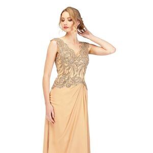 NWT Abby Paris Beige Beaded Scalloped V-Neck Long Evening Gown‎ Size 4W